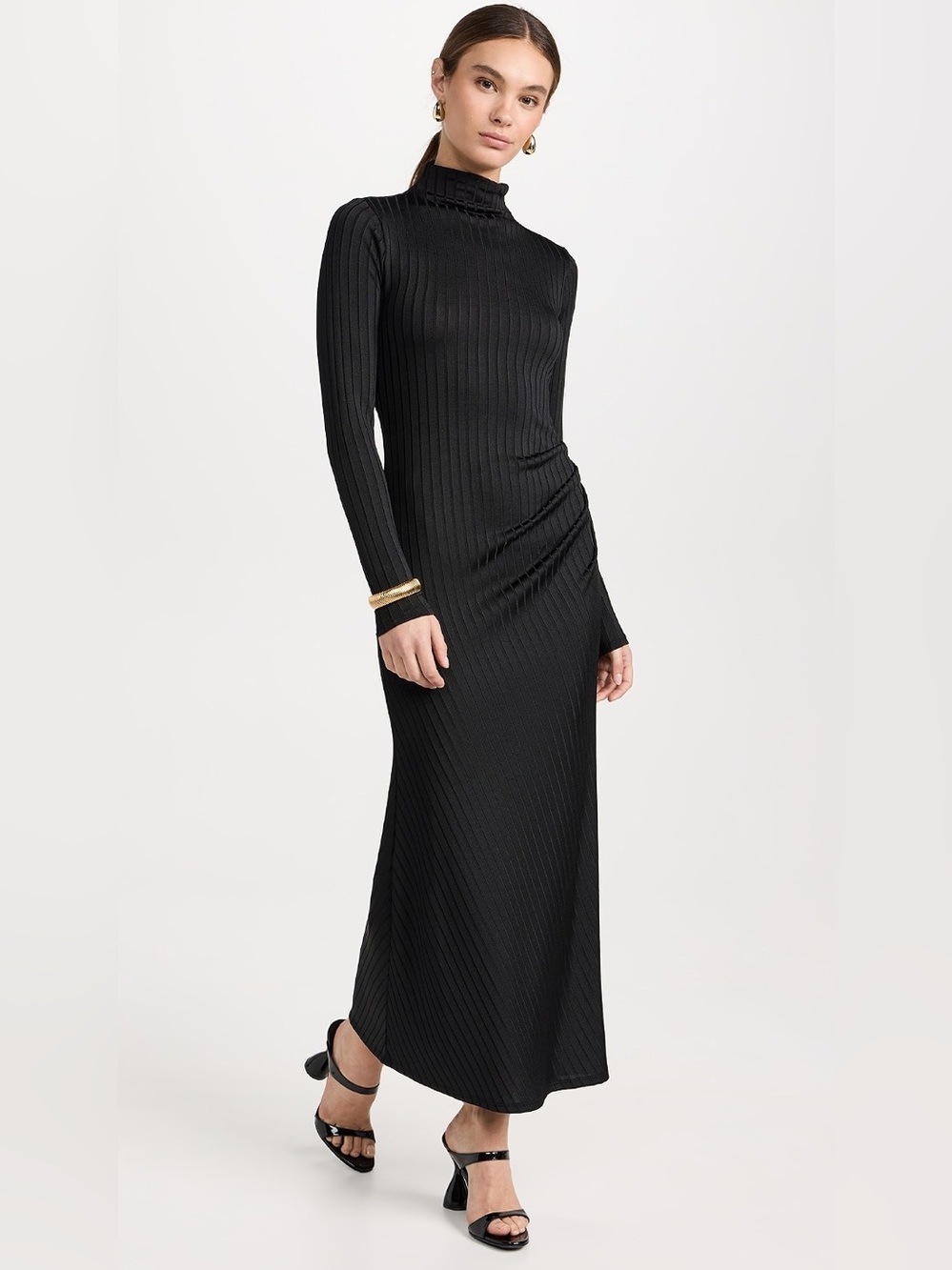 *NWT* Good American Women’s Black Shine Rib Funnel Tuck Midi Dress, Size Large - Picture 1 of 14